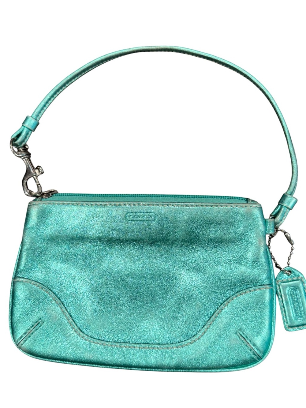 Coach metallic leather wristlet wallet green shiny Y2K